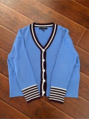 French Connection Blue Cardigan with Maroon & White Trim